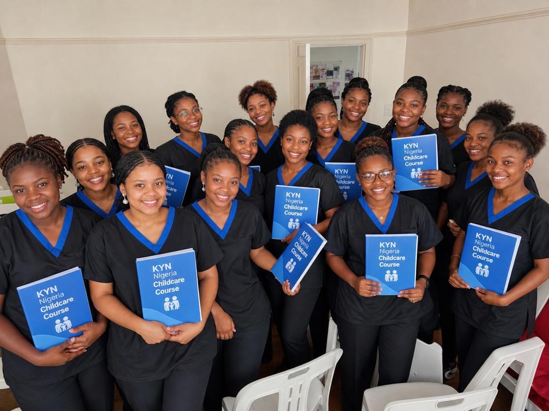 KYN Nigeria trained caregivers holding childcare course materials